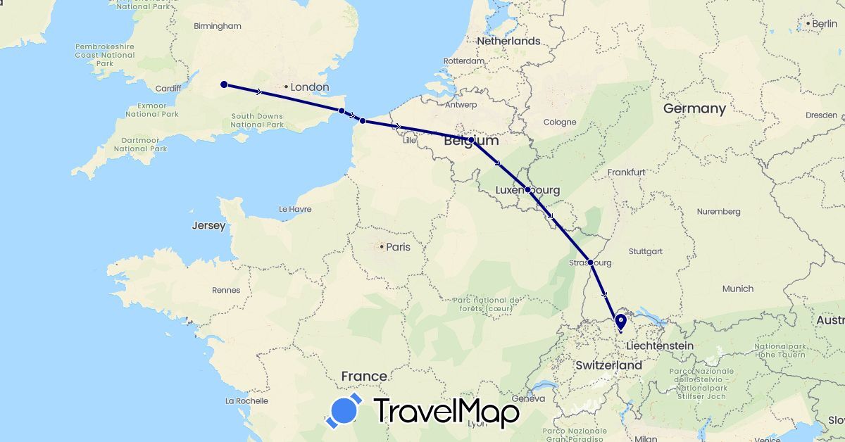 TravelMap itinerary: driving in Belgium, Switzerland, France, United Kingdom, Luxembourg (Europe)